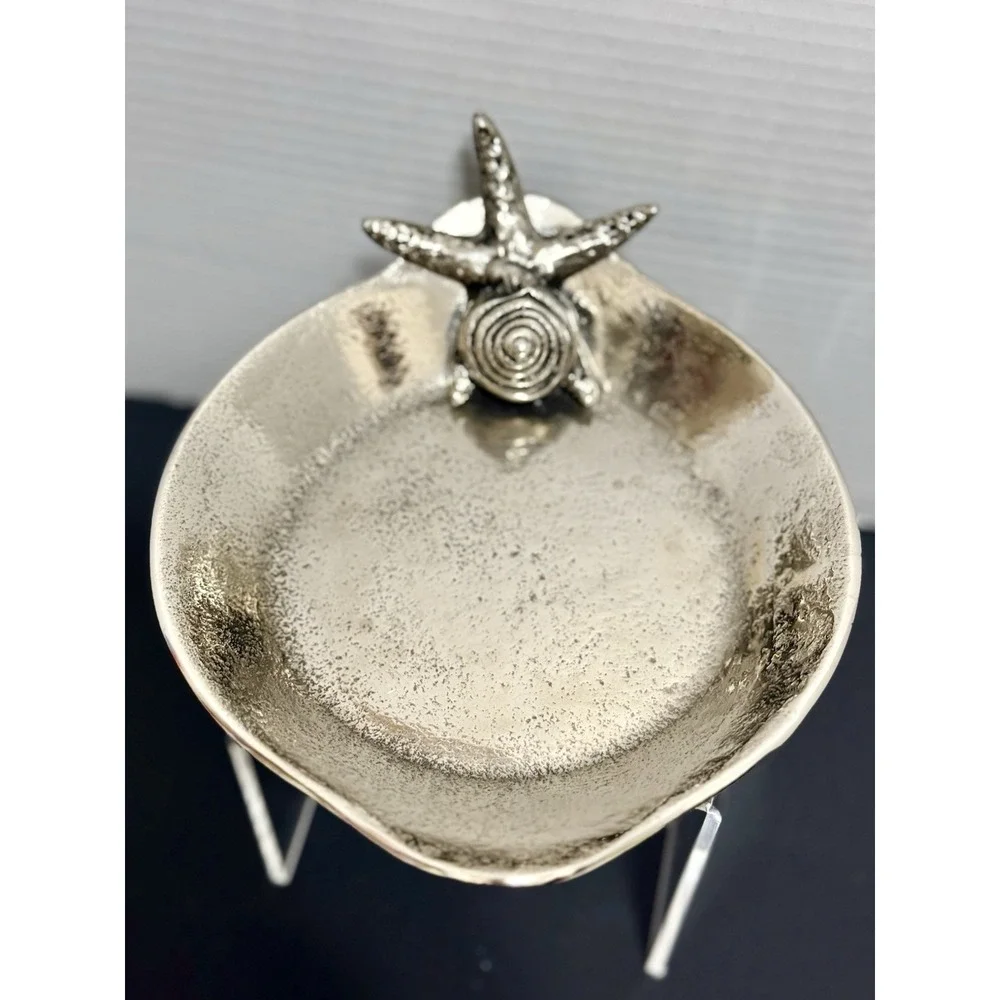 Metal Trinket Change Dish Silver Color Water Fish 7 inches Textured Footed Cute